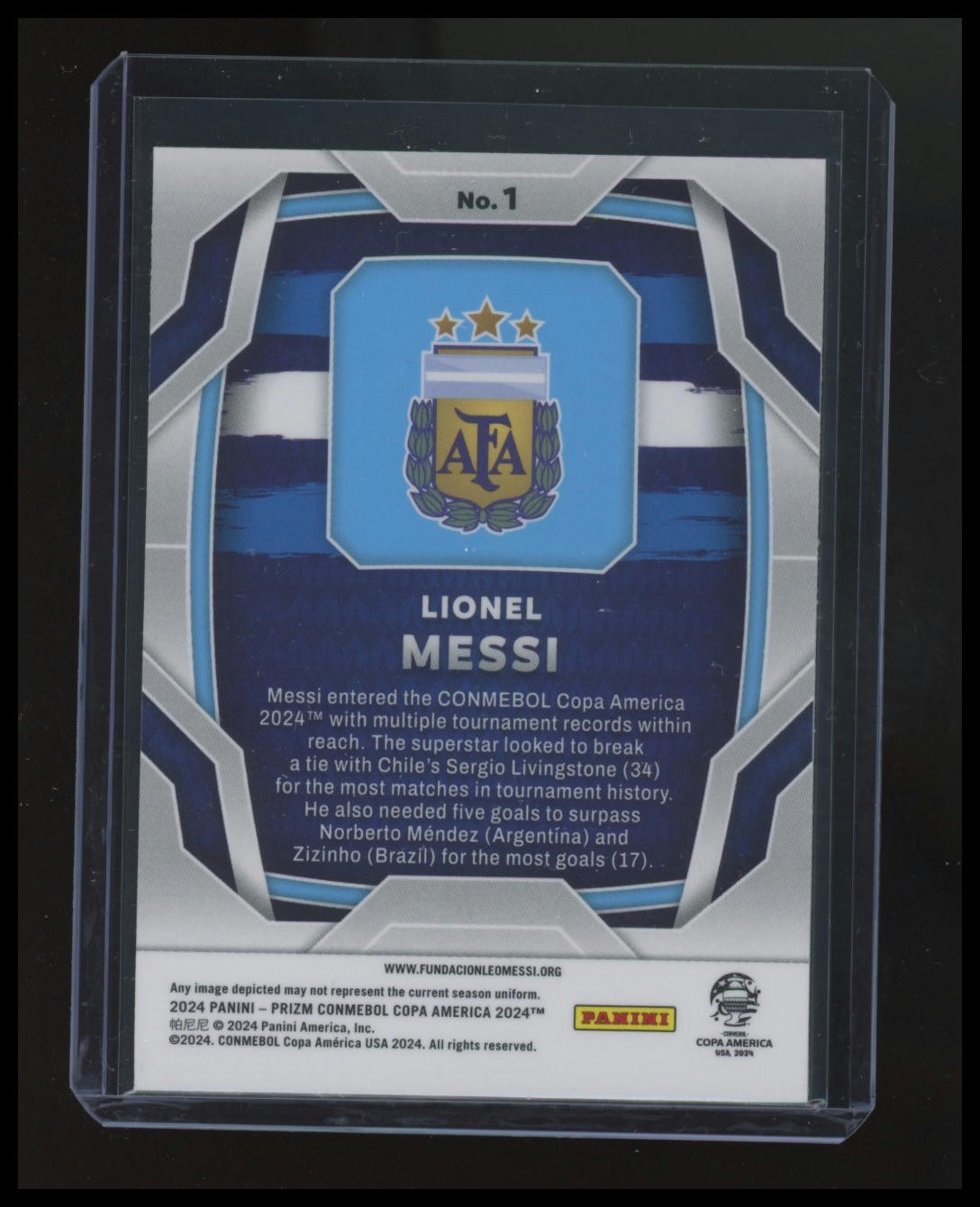2024 Panini Prizm CONMEBOL Copa America Lionel Messi Argentina Card #1 view 2