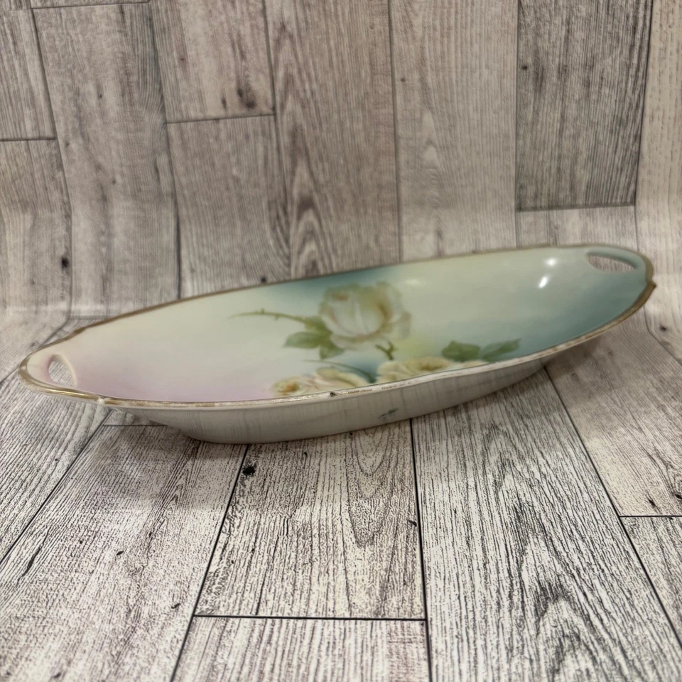 Antique Hand Painted Oval Porcelain China Tray Roses Bavaria Relish Dish Blue - Image 2 of 4