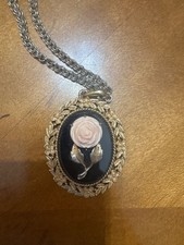 Avon Serena Rose Cameo Necklace w/Mirror on back Pink, Black & Gold Colors
