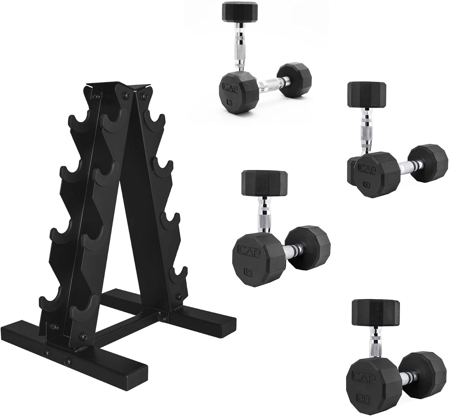 Barbell Rubber Coated Hex Dumbbell Set with Storage Rack