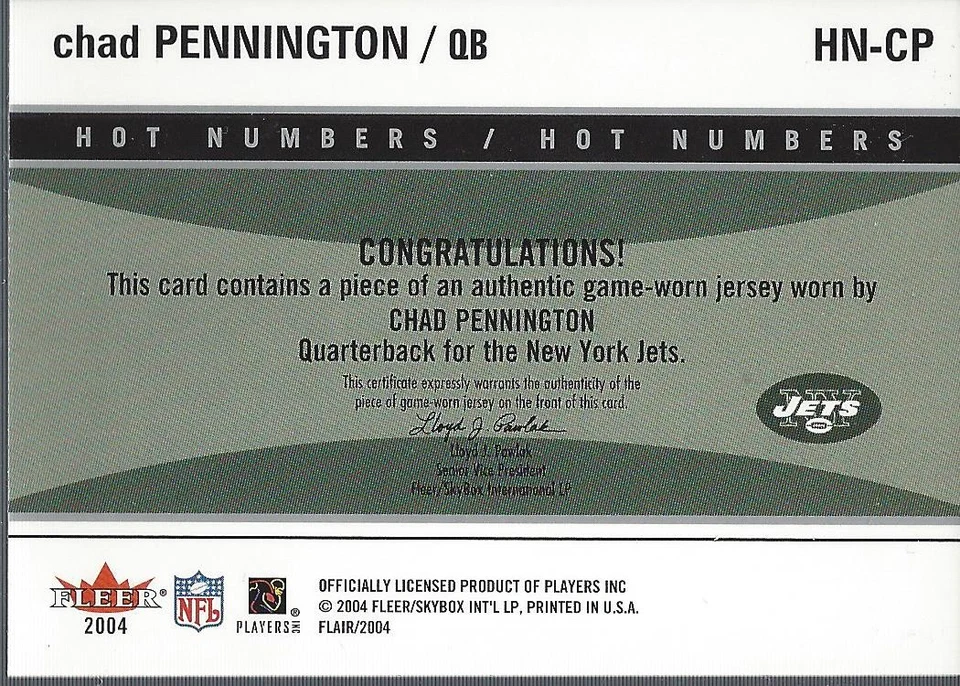 2004 Flair Hot Numbers Game Used Green #HNCP Chad Pennington Jersey - FB - Image 2 of 2