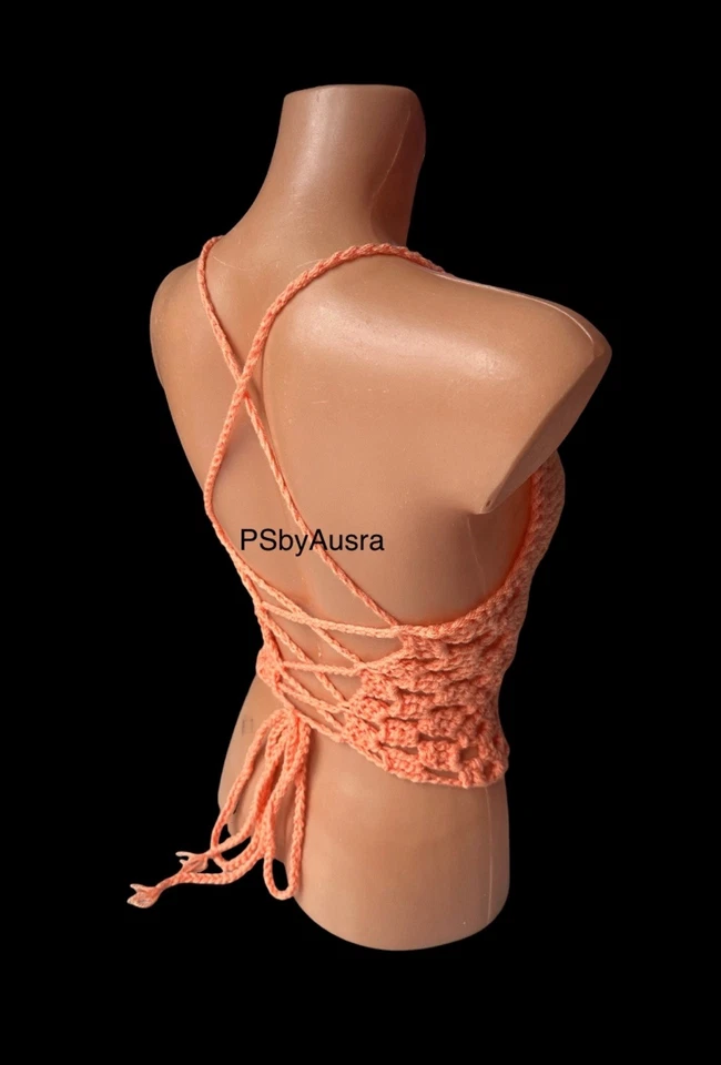 womans crochet top handmade summer open back PSbyAusra orange - Image 3 of 4