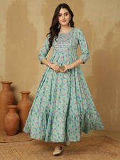 Blue Embroidered Kurta Women Printed Flared Kurti Anarkali Gown Dress NEW