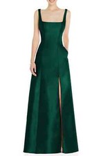 NEW ALFRED SUNG Square Neck Satin A-Line GOWN DRESS Size 6 $261 HUNTER GREEN