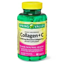 Spring Valley Collagen + Vitamin C Tablets, 2500 mg 90 Count for Hair Skin Nail+