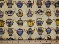 DEBBIE MUMM Fabric - TIME FOR TEA - Teapots on Pale Yellow - HALF yd (18")