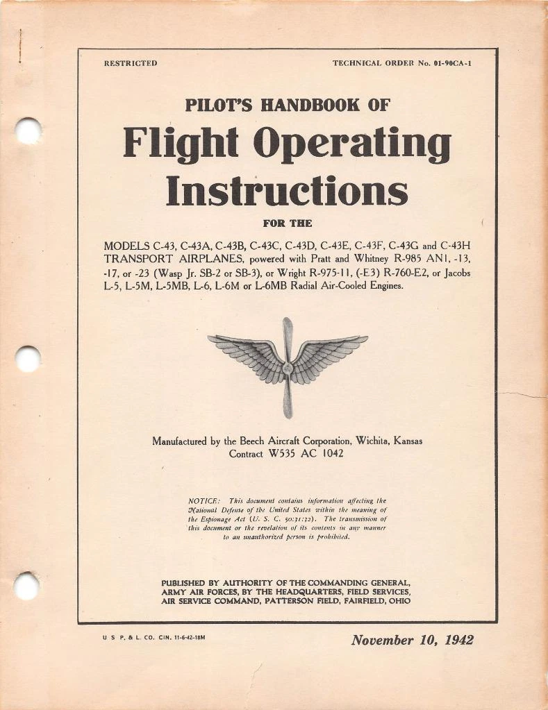 1942 AAF BEECH C-43-C-43H STAGGERWING PILOTS FLIGHT MANUAL AIRCRAFT HANDBOOK-CD
