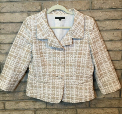 ISABELLA deMARCO SZ 10 Tailored CROP Fitted JACKET NWOT Checked White Tan 