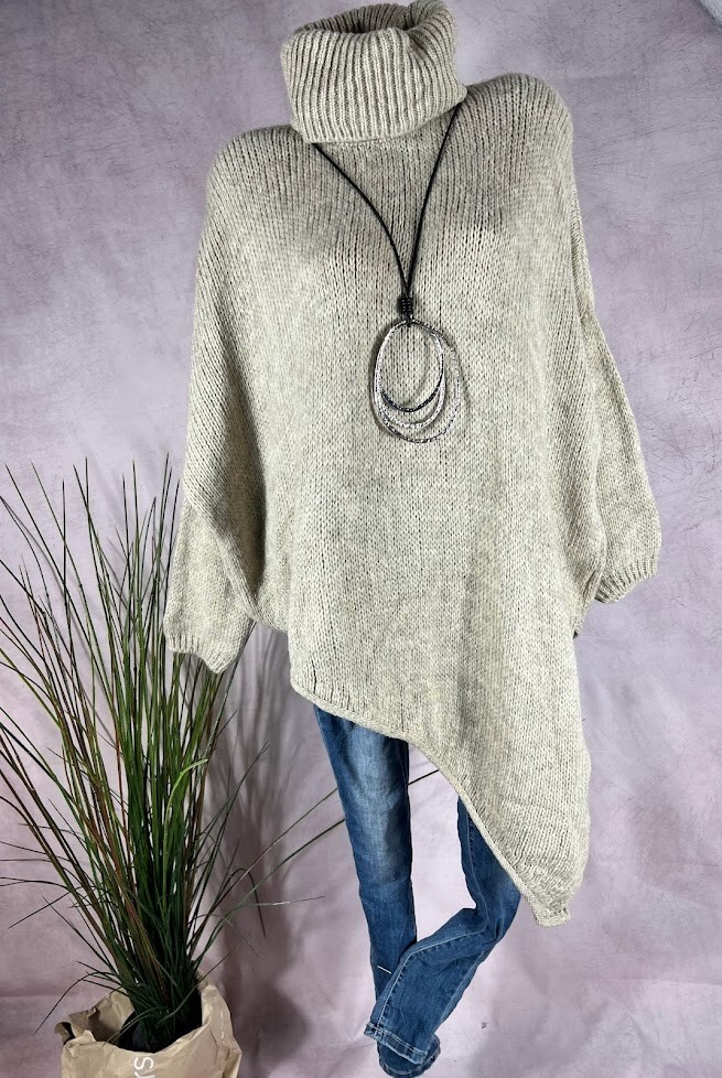 Italienische Mode Stylische Damen Pullover OVERSIZE Strick Pullover Zipfel  Italy Rollkragen Asymmetrisch BEIGE 40 42 44