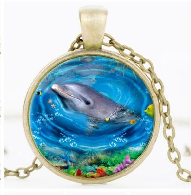 DOLPHIN OCEAN NAUTICAL charm pendant 22'' Sterling 925 Silver plated necklace GIF