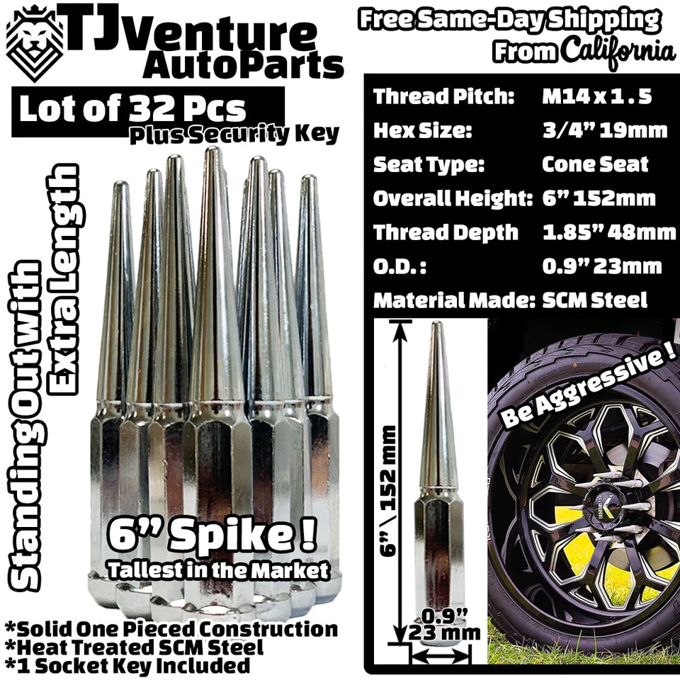 Tuerca de clavo 32 piezas cromada 6" de alto M14x1,5 XL + ajuste de llave Suburban Silverado2500/3500 Foto 2 de 3