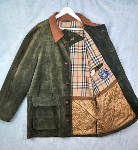 Vtg 80s BURBERRYS Green Suede Leather Wool Lined Nova Check Jacket Coat Size 44 - Picture 5 of 24
