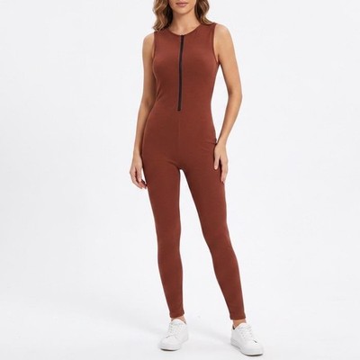 Naked Wardrobe Baby Mama Brown Sleeveless Front Zip Jumpsuit M