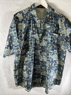 Thai Silk Shirt Mens Button Up Short Sleeve Blue Medium Silk Geometric Free Ship