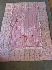 Vintage 80s Handmade Baby Mother Goose 47 X62 Quilt Bunnies Lace Pink Hearts