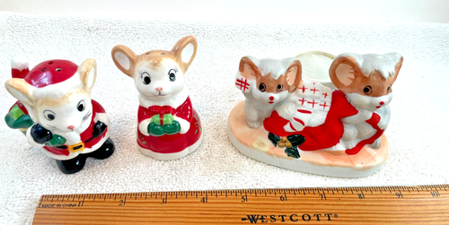 Lote de 3 Piezas De Colección Cerámica Ratones Navidad Sal y Pimienta Votivo Candelabro 3"t - Imagen 2 de 6