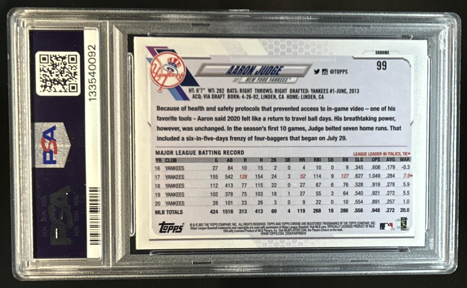 2021 Topps Chrome Aaron Judge #99 Yankees PSA Authentic Auto Autograph 7 view 2