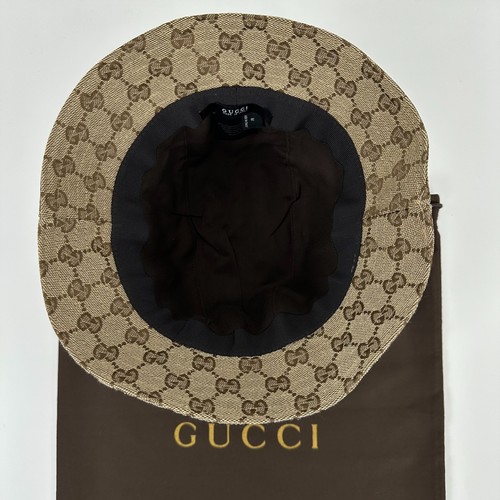 Gucci GG Monogram Logo Web Stripe Cotton Canvas Bucket Hat Cap Head Beige Size S - Picture 8 of 9