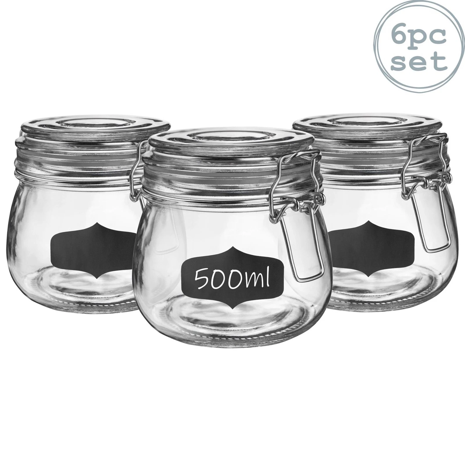 Argon Tableware Glass Storage Jars with Labels - 500ml - Clear Seal - Pack of 6