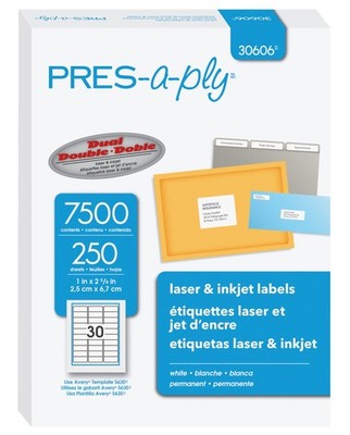 Laser Address Labels, 1 x 2.625 Inches, White, Box of 7500 (30606)