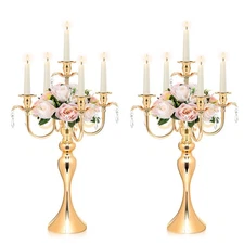 2PCS Gold 5-Arm Candelabra Centerpiece - 20.3" Tall Metal Candle Holder for W...