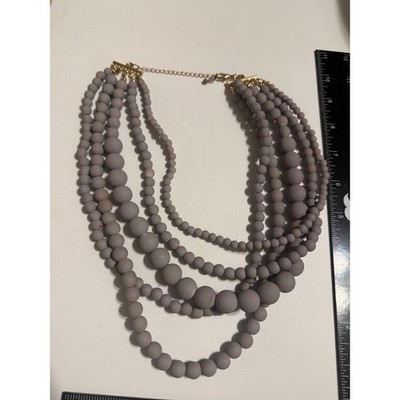 Matte Grey Multi Strand Beaded Statement Necklace Gold Tone Adjustable Bib