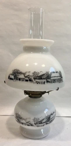 Vintage Currier And Ives Milk Glass Oil Lamp
