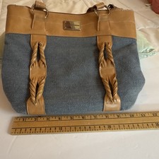 Stone Mountain Tan Blue Shoulder Bag Braided Accent Logo Plate Zip Closure