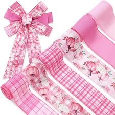 6 Rolls Fall Wired Edge Ribbons Pink White Pumpkin Plaid Craft Ribbon Decorative