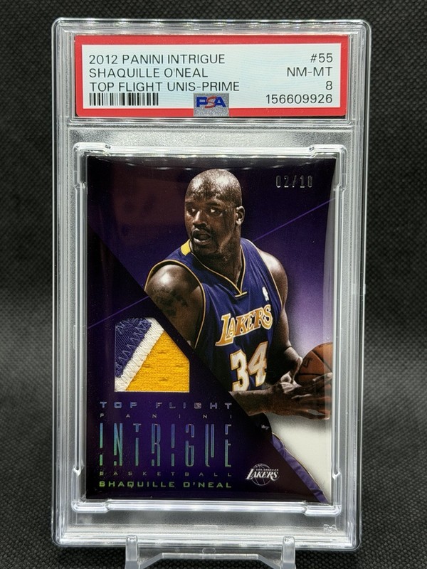 2012 Panini Intrigue Shaquille O’Neal #55 Top Flight Patch Prime /10 PSA 8 Laker