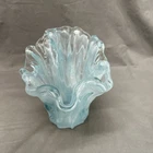 Vintage Murano Art Deco Glass Vase Ruffled Top White/Teal Blue 6” Tall Wavy Top