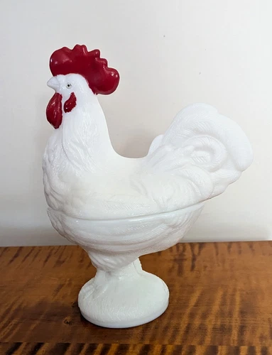 VINTAGE Westmoreland Milk Glass Rooster Covered Candy Dish