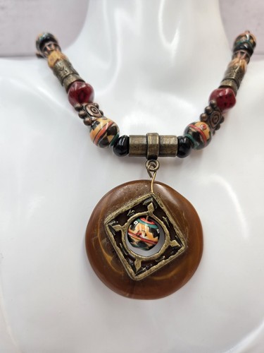 Chico's Tribal Boho Beaded Pendant Necklace Brass Tone Spinner Stone Statement
