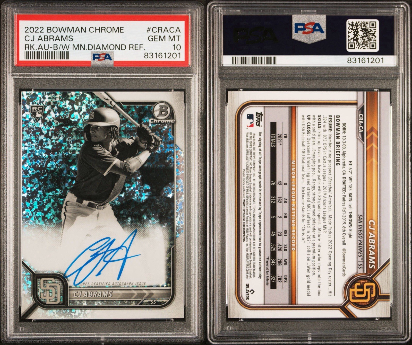 2022 Bowman Chrome CJ Abrams Rookie Auto B&W Mini Diamond #CRA-CA PSA 10 view 6