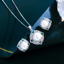 Silver Plated CZ Blue Green Pearl Necklace Earrings Jewelry Fashion Brand Set