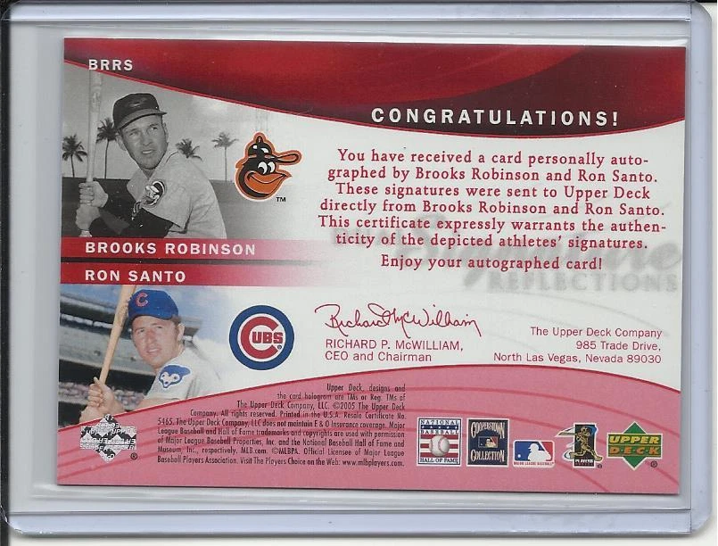 2005 UD REFLECTIONS RED RON SANTO BROOKS ROBINSON DUAL AUTO SIGNED #D/99 - Image 2 of 2
