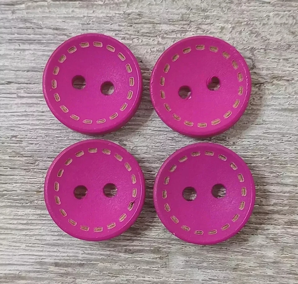 wood colors sewing buttons 2 holes hot pink stitches 3/4 inch 20mm 4pc set - Image 2 of 2