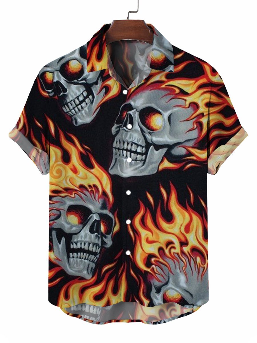 Skull Design Short Sleeve Button-Down Shirt for Men