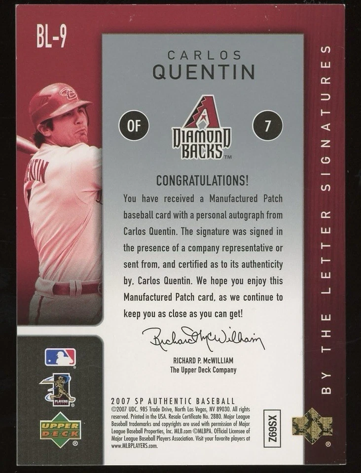 2007 SP Authentic Carlos Quentin Auto By the Letter Signatures Card /50 - Image 2 of 2