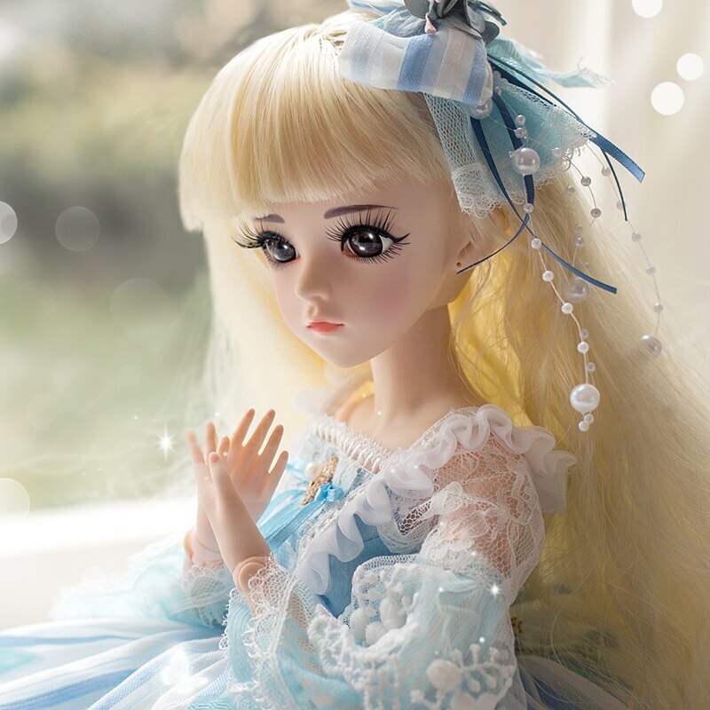60cm 1/3 BJD Doll Ball Jointed Girl Full Set Blue Dress Shoes Wigs