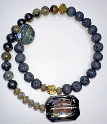 Choker Necklace Gemstones Marbled Black Lava Rock Faceted Crystal Grey 12''