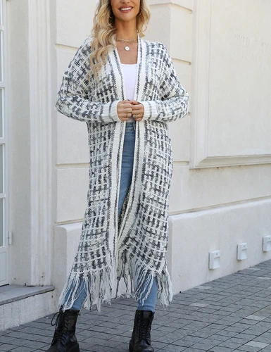 Womens Boho Cardigan Sweater Open Front Fringed Tassels Aztec Maxi Cardigan - Picture 10 of 13