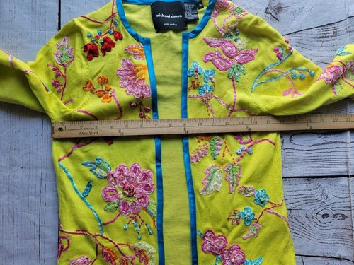 Michael Simon Cotton Embroidered Ribbon Neon Green Open front Cardigan M READ - Picture 9 of 13