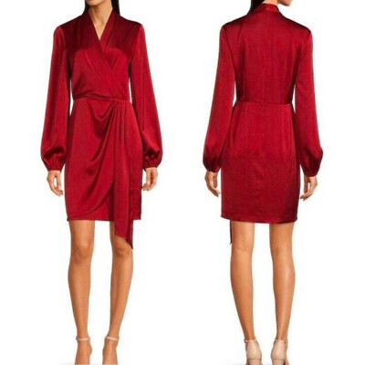 Alex Marie Sz 24W Plus Rust V-Neck Long Sleeve Draping Wrap Dress Satin flaw B46