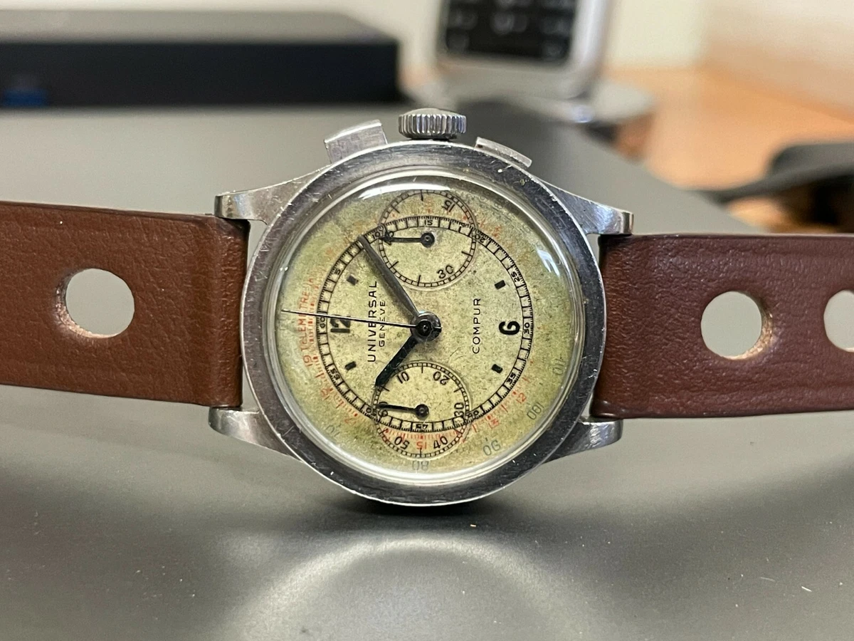 Universal Geneve Compur step case stainless steel superb patina