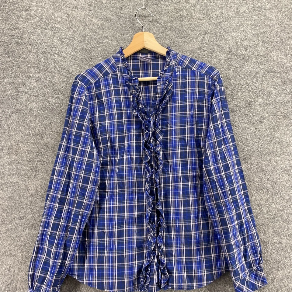 Camisa Laura Scott Mujer M Mediana Azul A Cuadros Abotonada Cuello en V Manga Larga Algodón Foto 3 de 4