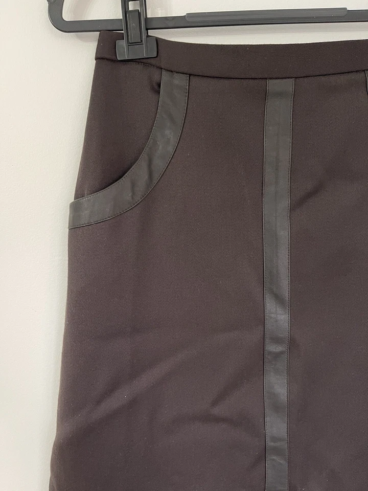 Falda RAOUL Marrón Hasta la Rodilla Línea A 100% Lana Cuero Borde Talla FR 36 AU 8 NUEVA CON ETIQUETAS Foto 4 de 4