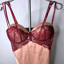 Fredericks of Hollywood Vtg Lace Trim Slip Chemis Teddy LG Burgndy Red Blush Pnk