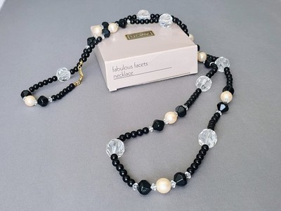Vintage 1989 AVON 'Fabulous Facets Necklace' IOB Black Clear Faux Pearl 38'' Long