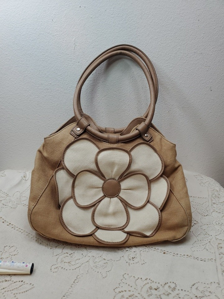 RELIC Women Hand Bag Purse Brown Tan Oversized Flower Canvas Embellishment
